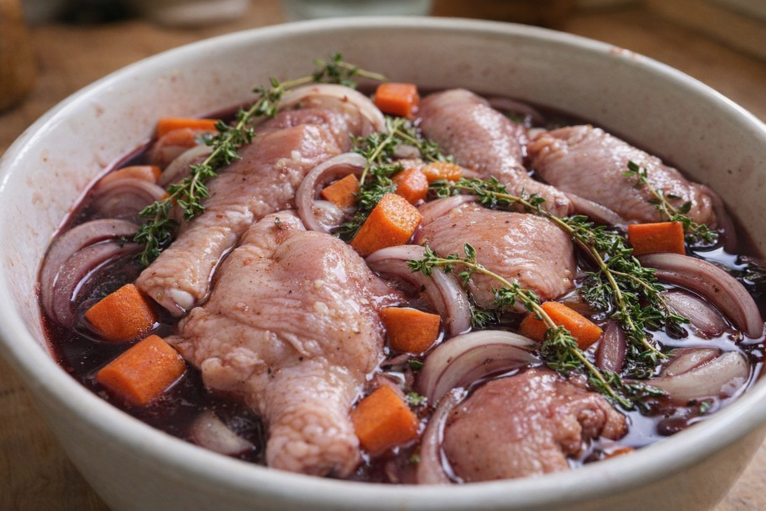 A close-up shot of raw chicken pieces marinating in a bowl with red wine, onions, carrots, and thyme sprigs, natural light